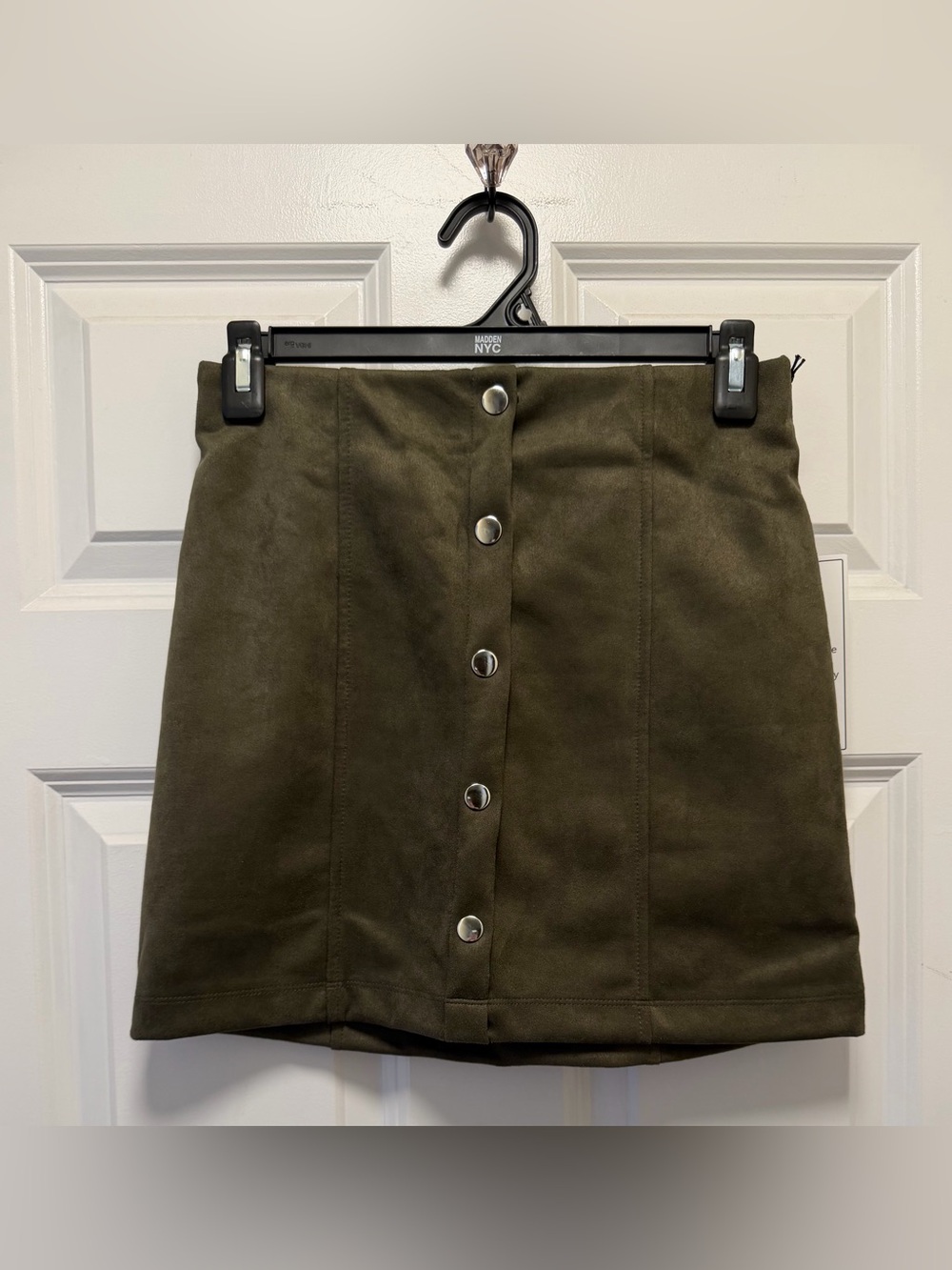 Button-Front Olive Green Suede Mini Skirt